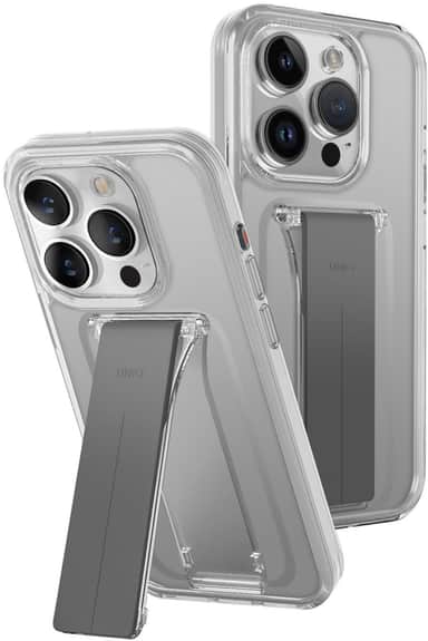 UNIQ Heldro Mount+ ochranný kryt na iPhone 15 Pro se stojánkem, Lucent (Clear)