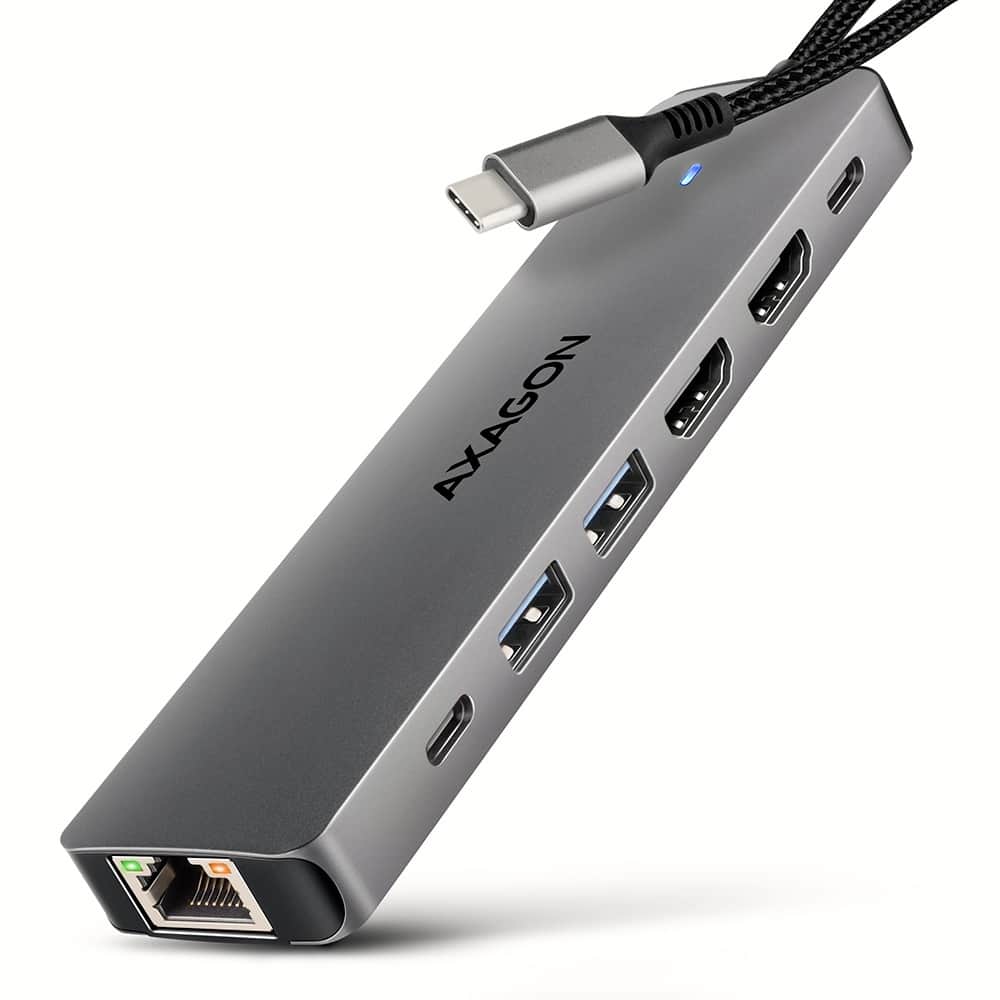 AXAGON HMC-7HX2, 7-in-1 Hub, USB-C 5Gbps, 2x USB-A, 1x USB-C, 2x HDMI 4k/60, RJ-45, PD 100W